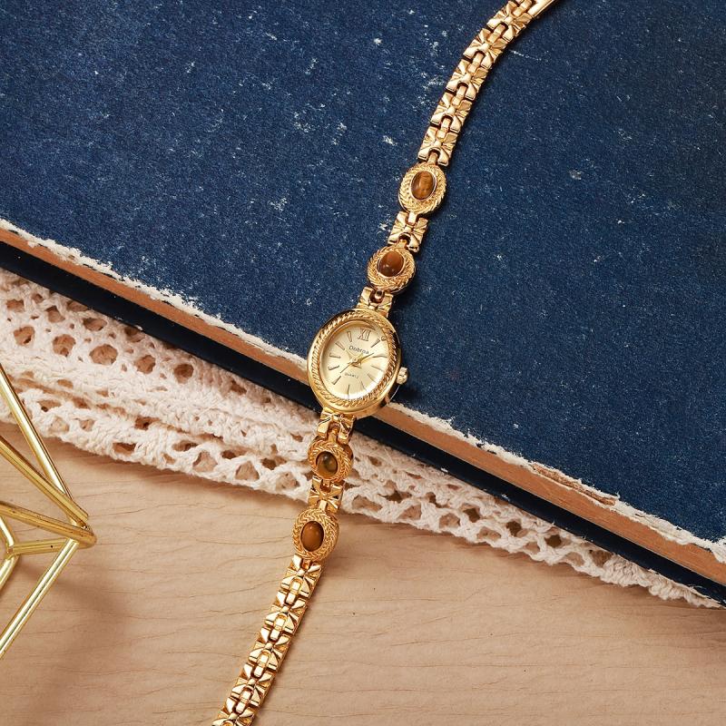 Relógio vintage único de luxo leve com corrente de olho de tigre dourada retro da Old Money