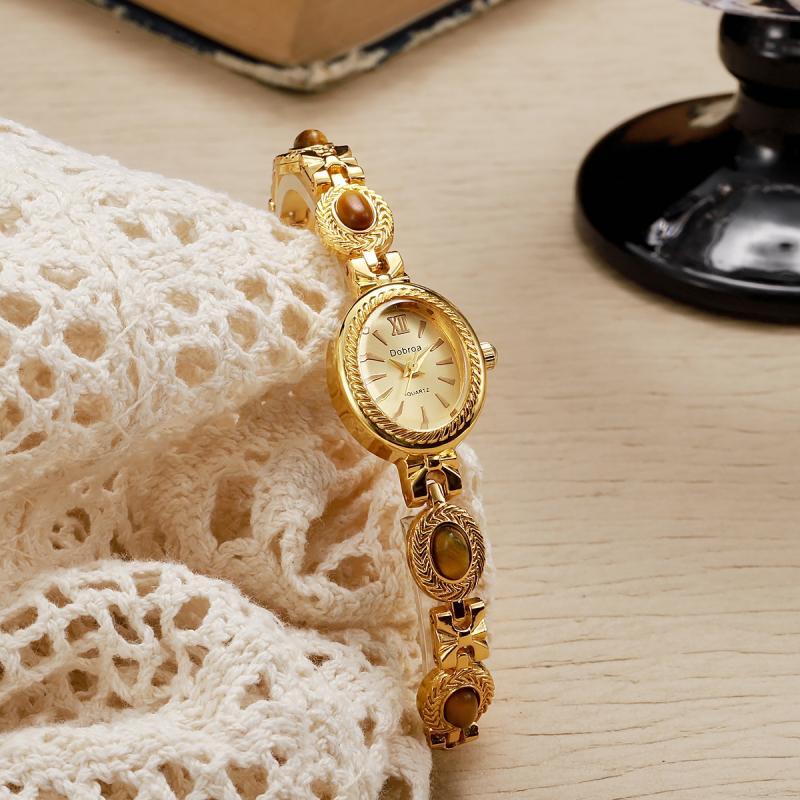 Relógio vintage único de luxo leve com corrente de olho de tigre dourada retro da Old Money