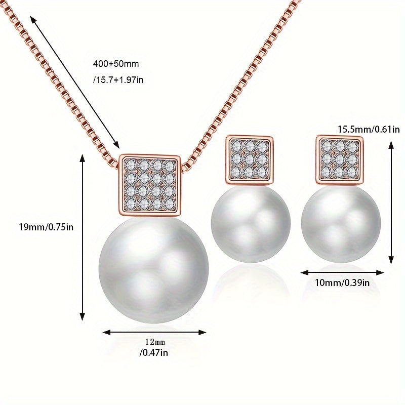 Fashionable Women'S Imitation Pearl Necklace And Earring Jewelry Set, Featuring a Simple Square Rhinestone Pendant And Stud Earrings, Perfect As a Two-Piece Accessory Gift for Birthdays, Parties, Celebrations, And Holidays, Ideal for Mothers And Girlfrien