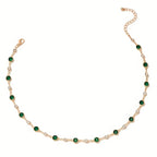 Nova Colar Curto Vintage Único com Diamantes e Pedra Sintética Verde Estilo Europeu e Americano para Mulheres