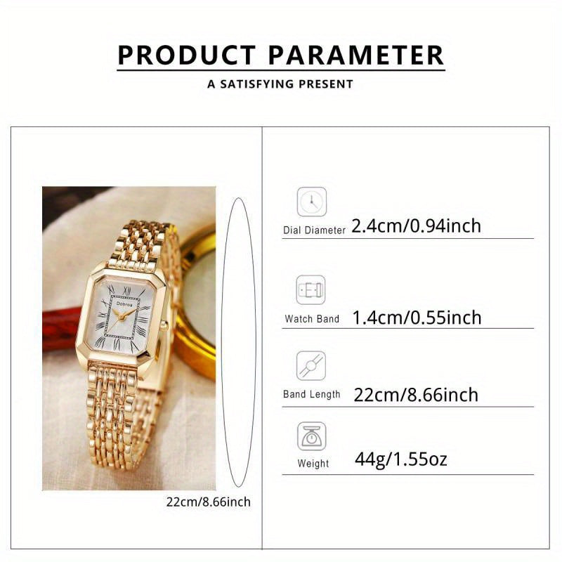 Fashion Classic Women'S Square Quartz Watch, Hypoallergenic Metal, Golden Case Roman Numeral Small Square Watch
