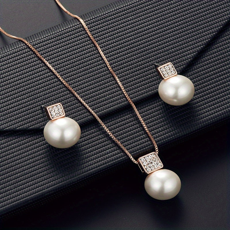 Fashionable Women'S Imitation Pearl Necklace And Earring Jewelry Set, Featuring a Simple Square Rhinestone Pendant And Stud Earrings, Perfect As a Two-Piece Accessory Gift for Birthdays, Parties, Celebrations, And Holidays, Ideal for Mothers And Girlfrien