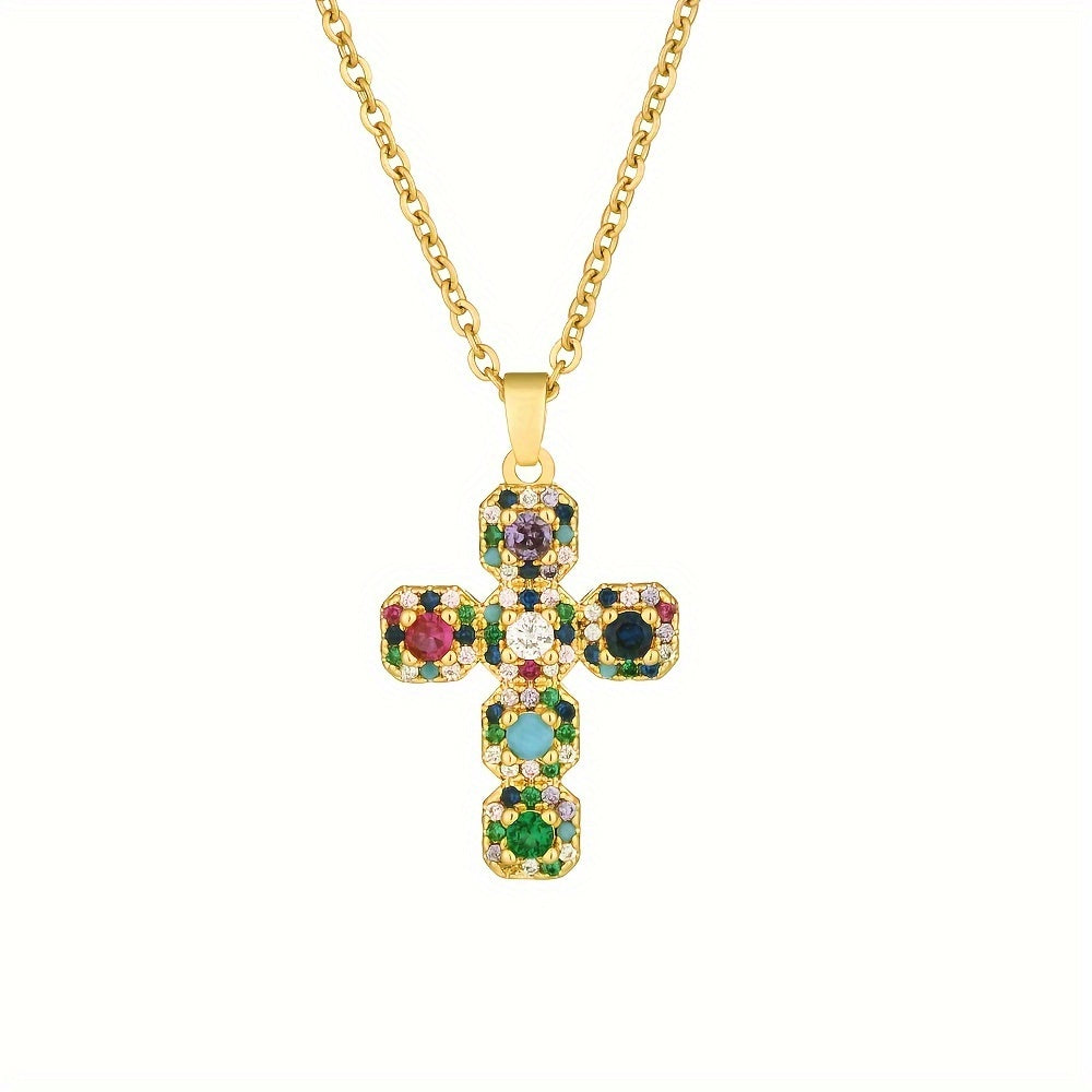 Colar com Pingente de Cruz em Zircônia Sintética Colorida e Corrente de Aço Inoxidável 304, Joia Dourada para Mulheres - Presente Exclusivo