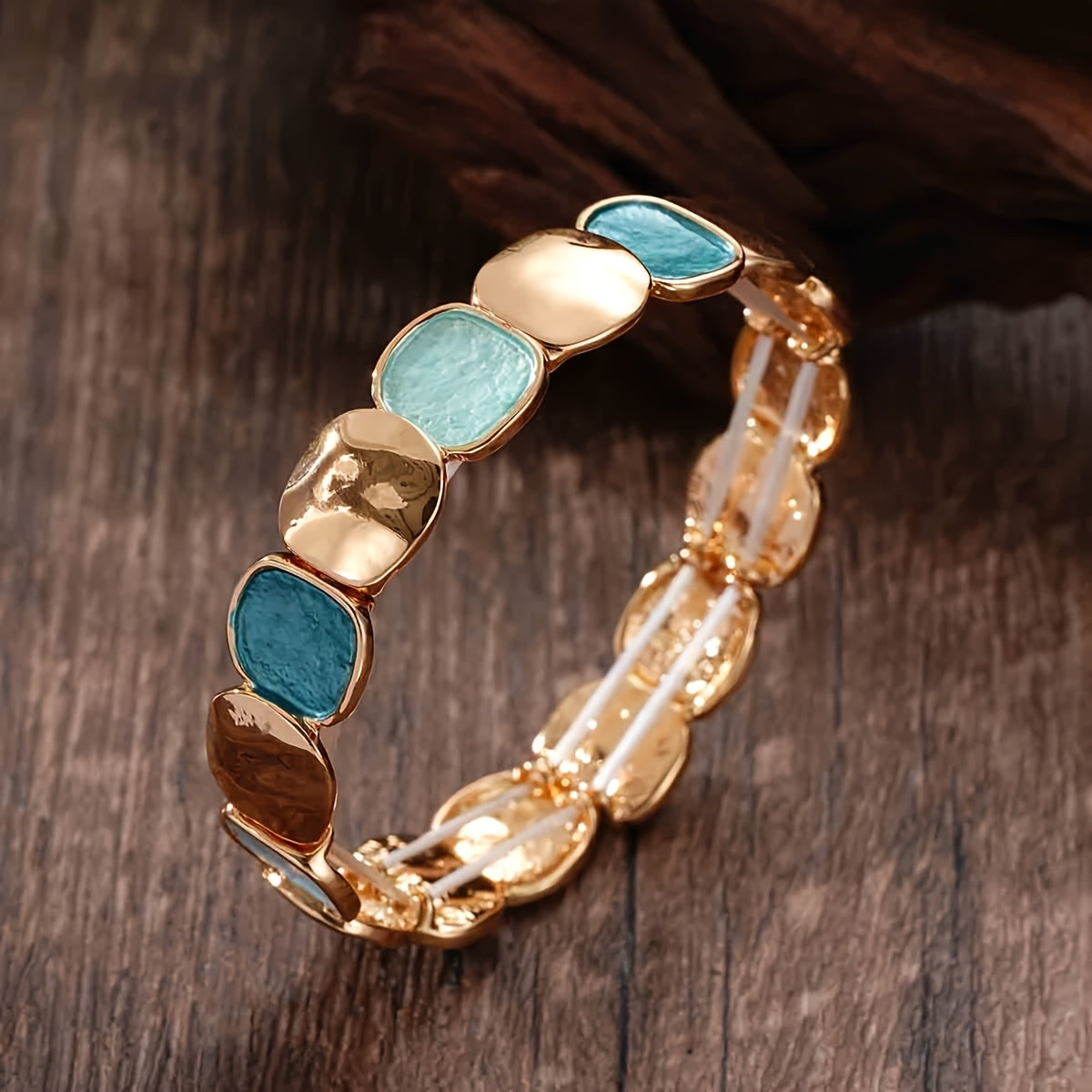 1pc Vintage Style Elegant Zinc Alloy Plated Kc Golden Elastic Bracelet Bracelet Irregular Square Unisex Bracelet