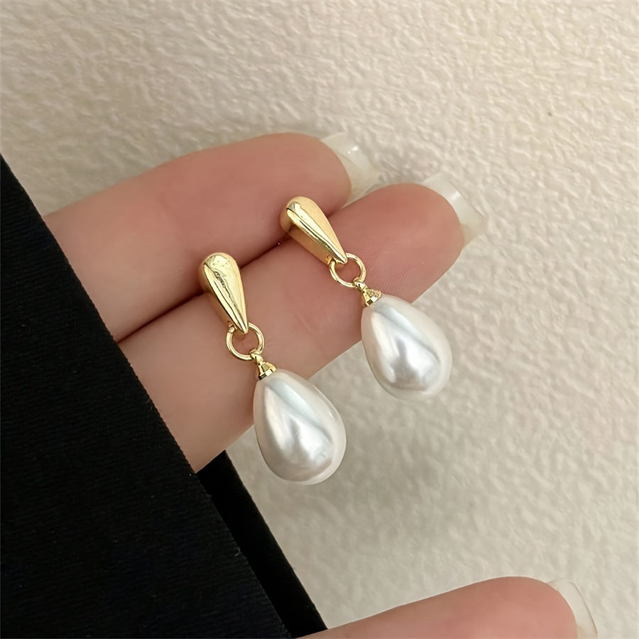 1 Pair of Korean Style Elegant Teardrop Imitation Pearl Stud Earrings, Personality Simple Vintage Design Earrings
