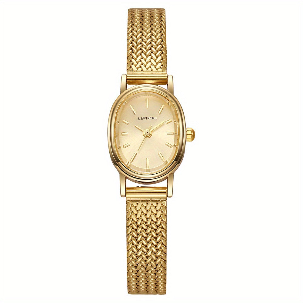 1pc Golden Woven-texture Wristwatch, Minimalist Oval Dial, Light Luxury Fashion Accessory, Elegant Commuting Gift Style