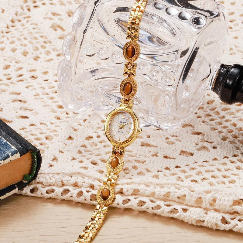 Relógio vintage único de luxo leve com corrente de olho de tigre dourada retro da Old Money