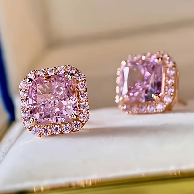Luxurious Pink Synthetic Zirconia Stud Earrings for Women's Wedding Engagement Party Daily Wear Elegant Earrings (without Box)