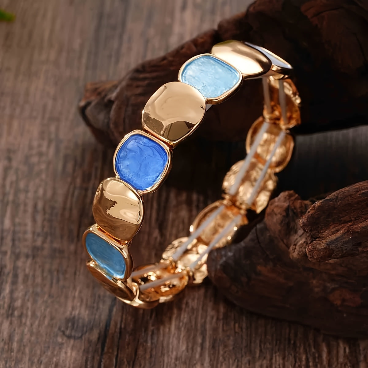 1pc Vintage Style Elegant Zinc Alloy Plated Kc Golden Elastic Bracelet Bracelet Irregular Square Unisex Bracelet