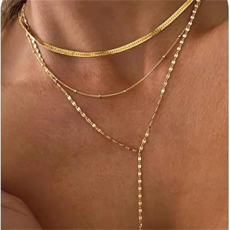 Vintage Gold Color Double Layered Necklaces for Women Delicate Crystal Metal Long Tassel Beads Chain Choker Party Jewelry Gifts
