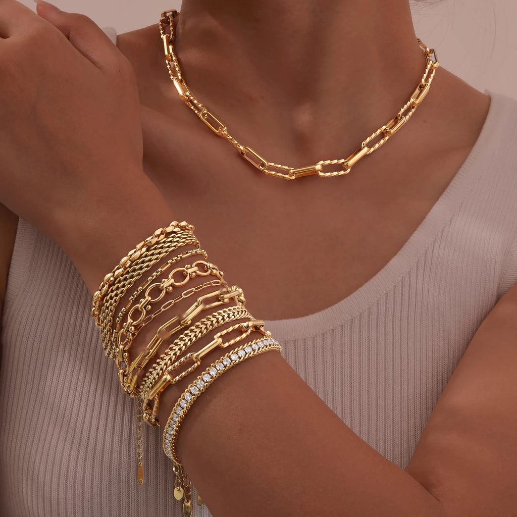 Women Stainless Steel Chain Bracelet,18K Gold Plated Twist Paperclip Adjustable Link Bracelet,Chunky Stackable Layered Jewelry