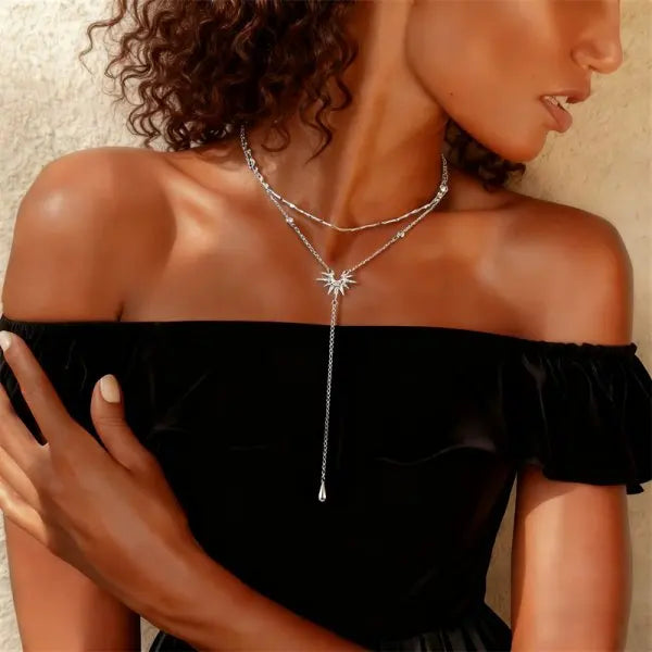Vintage Gold Color Double Layered Necklaces for Women Delicate Crystal Metal Long Tassel Beads Chain Choker Party Jewelry Gifts