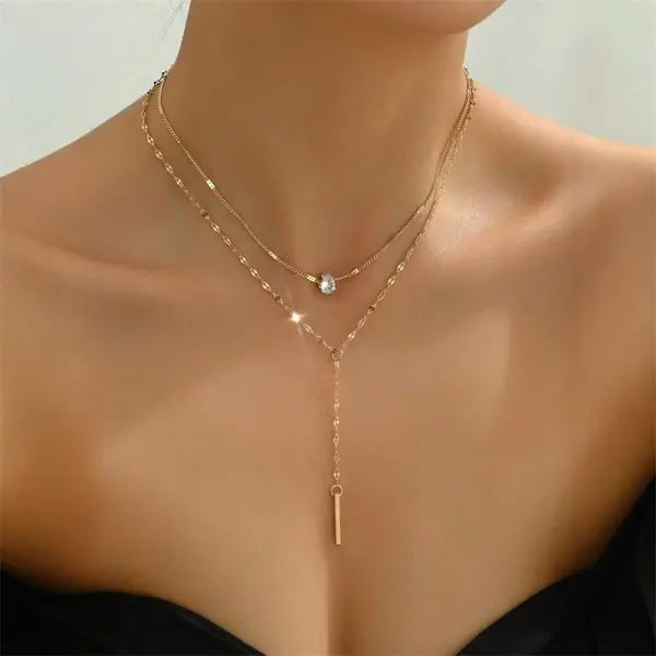 Vintage Gold Color Double Layered Necklaces for Women Delicate Crystal Metal Long Tassel Beads Chain Choker Party Jewelry Gifts