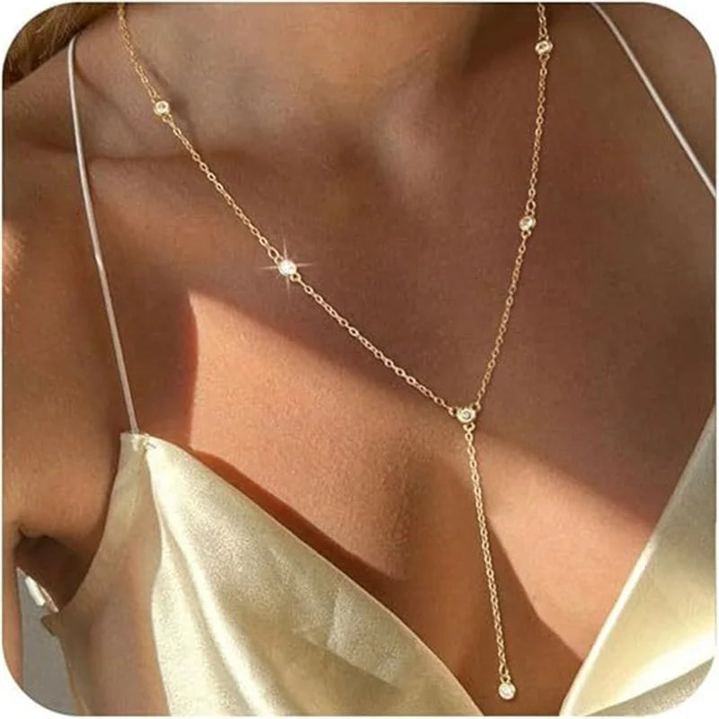 Vintage Gold Color Double Layered Necklaces for Women Delicate Crystal Metal Long Tassel Beads Chain Choker Party Jewelry Gifts