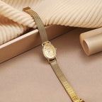1pc Golden Woven-texture Wristwatch, Minimalist Oval Dial, Light Luxury Fashion Accessory, Elegant Commuting Gift Style