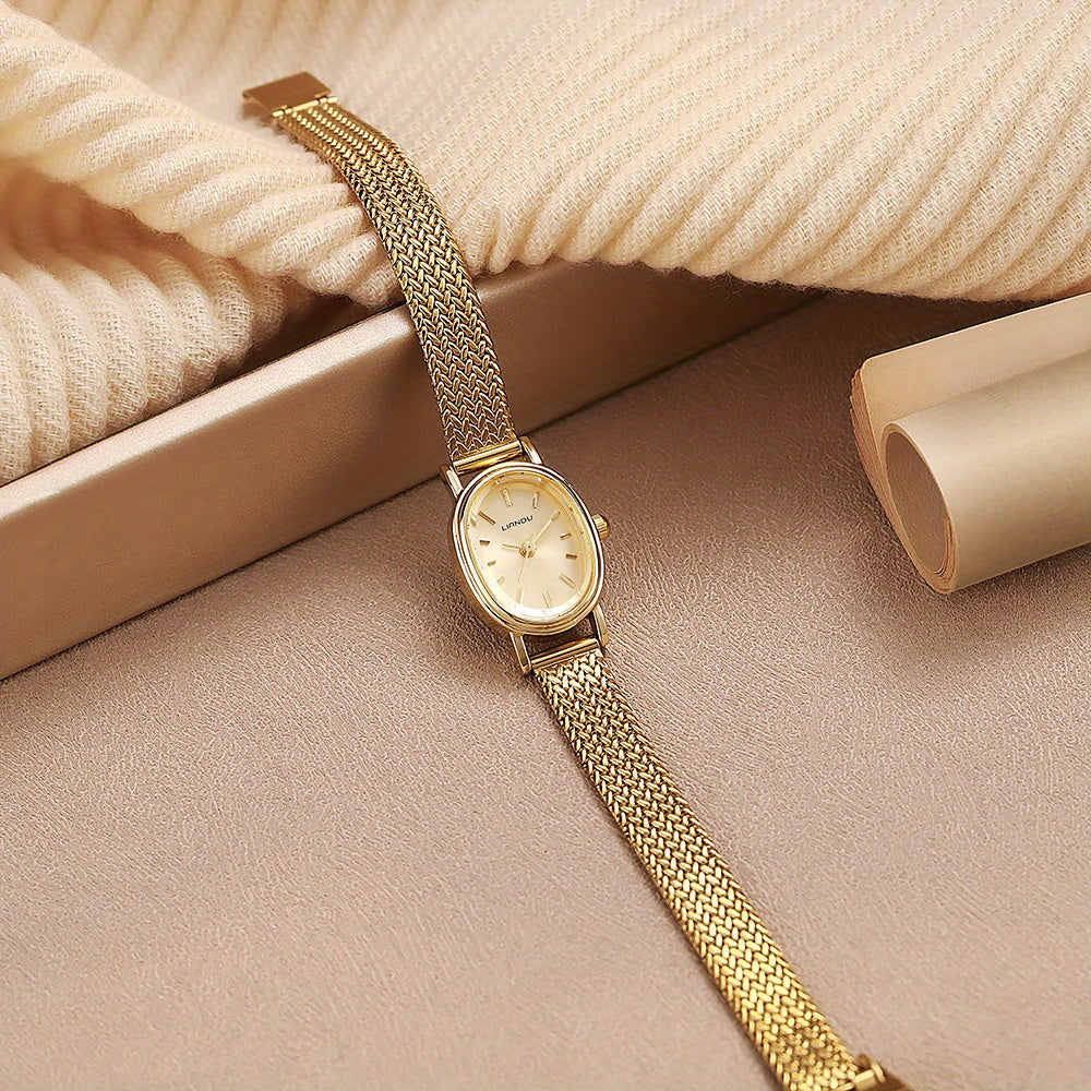 1pc Golden Woven-texture Wristwatch, Minimalist Oval Dial, Light Luxury Fashion Accessory, Elegant Commuting Gift Style