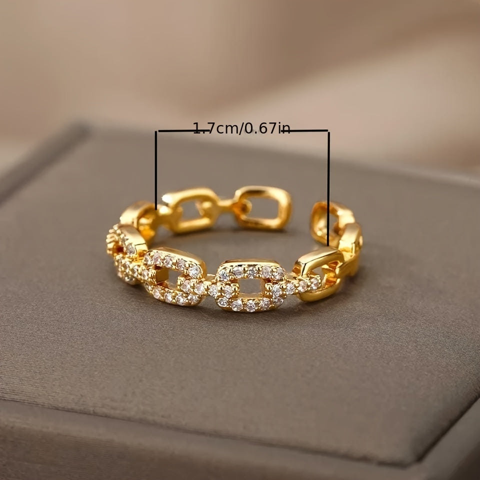 A Copper Ring with Cubic Synthetic Zirconia Inlay in Chain Design, Suitable for Women's Daily Wear and Parties