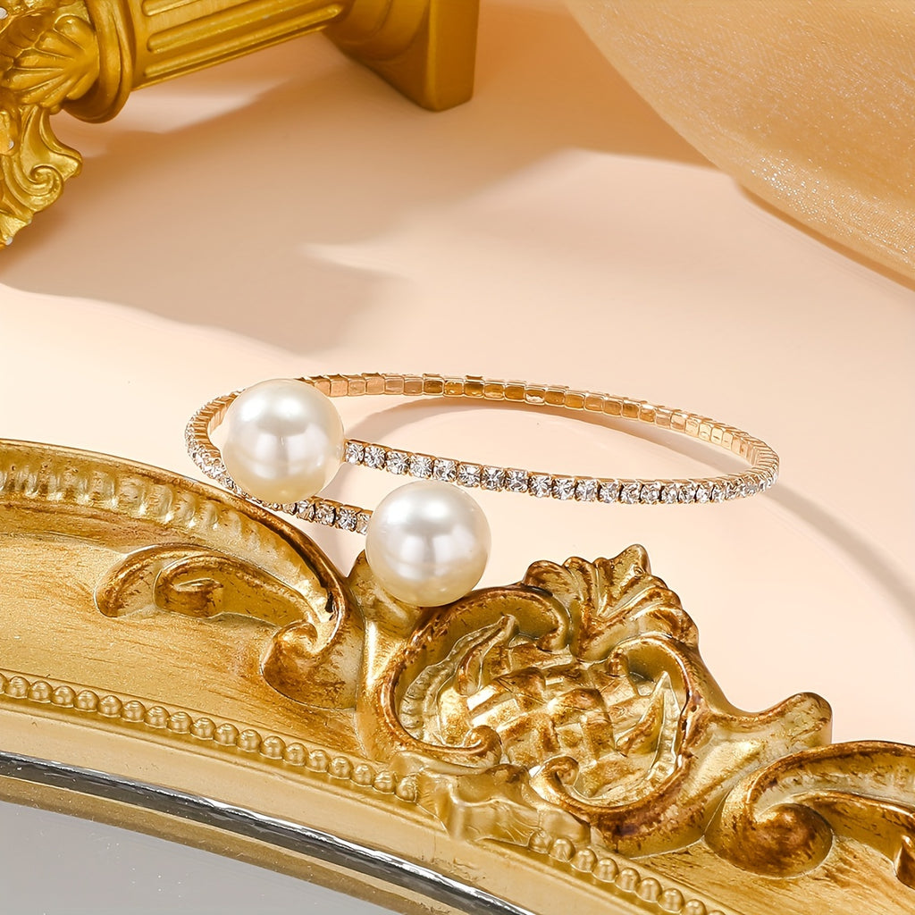 European And American Cross-Border Inlaid Rhinestone Pearl Open Design Personalized Luxury Style Women'S Bracelet