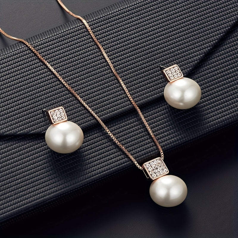 Fashionable Women'S Imitation Pearl Necklace And Earring Jewelry Set, Featuring a Simple Square Rhinestone Pendant And Stud Earrings, Perfect As a Two-Piece Accessory Gift for Birthdays, Parties, Celebrations, And Holidays, Ideal for Mothers And Girlfrien