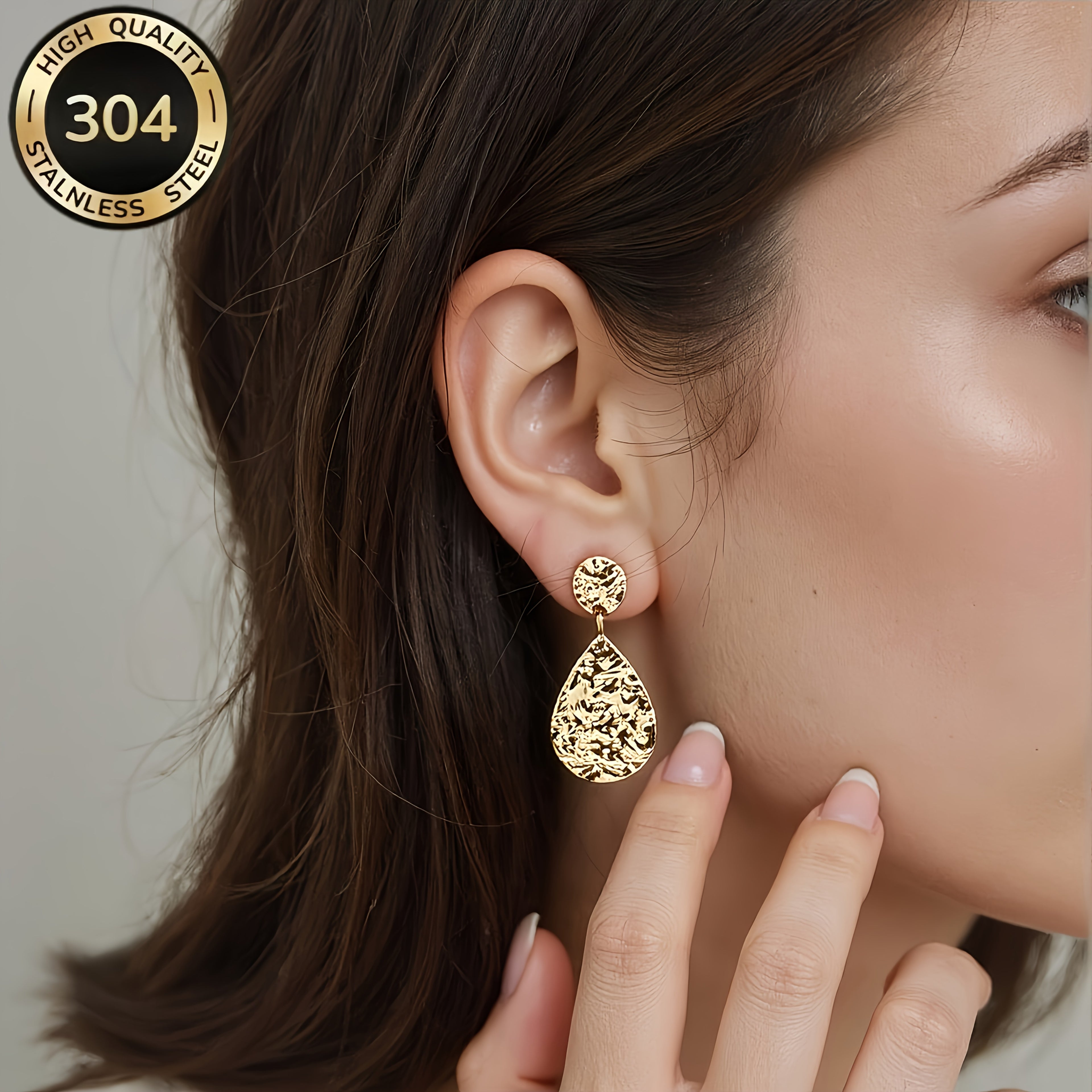 2 unidades de brincos hipoalergénicos em aço inoxidável com padrões de superfície irregulares, brincos em forma de lágrima, elegantes e fáceis, perfeitos para presentes do Dia da Mãe