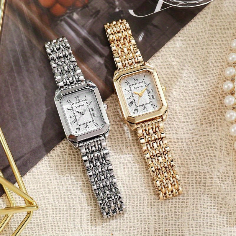 Fashion Classic Women'S Square Quartz Watch, Hypoallergenic Metal, Golden Case Roman Numeral Small Square Watch